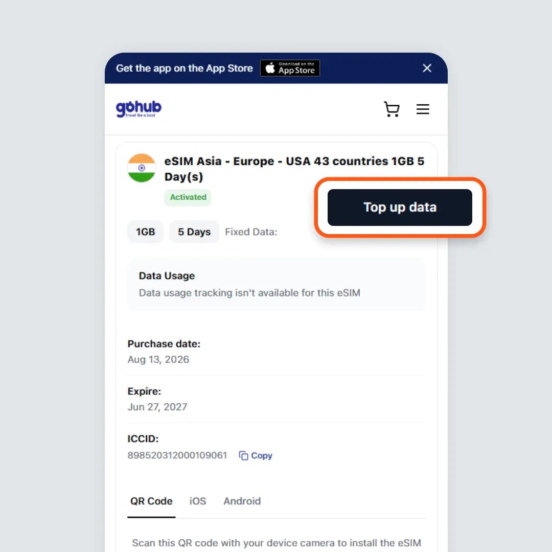 Select Top up data on the eSIM detail page