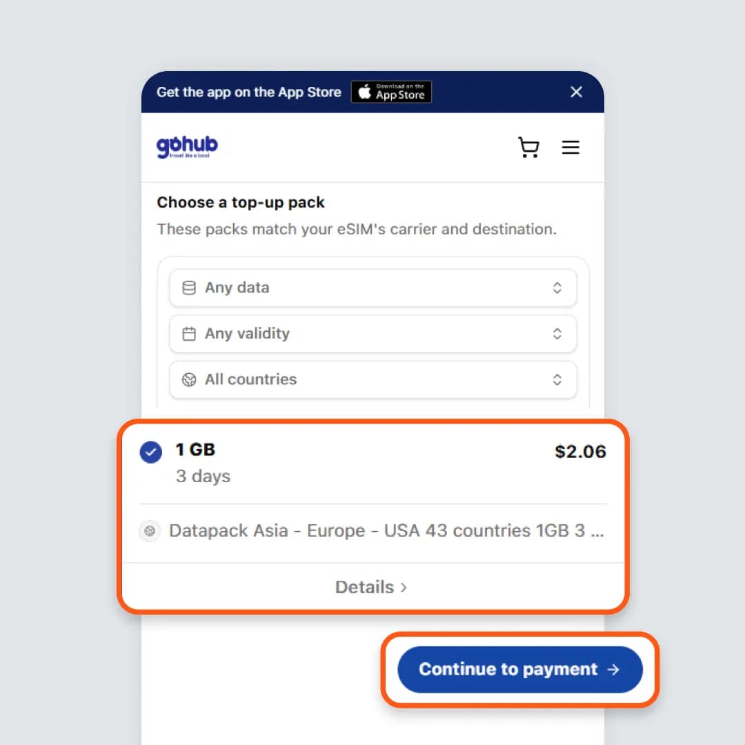 Select a pack and continue to payment