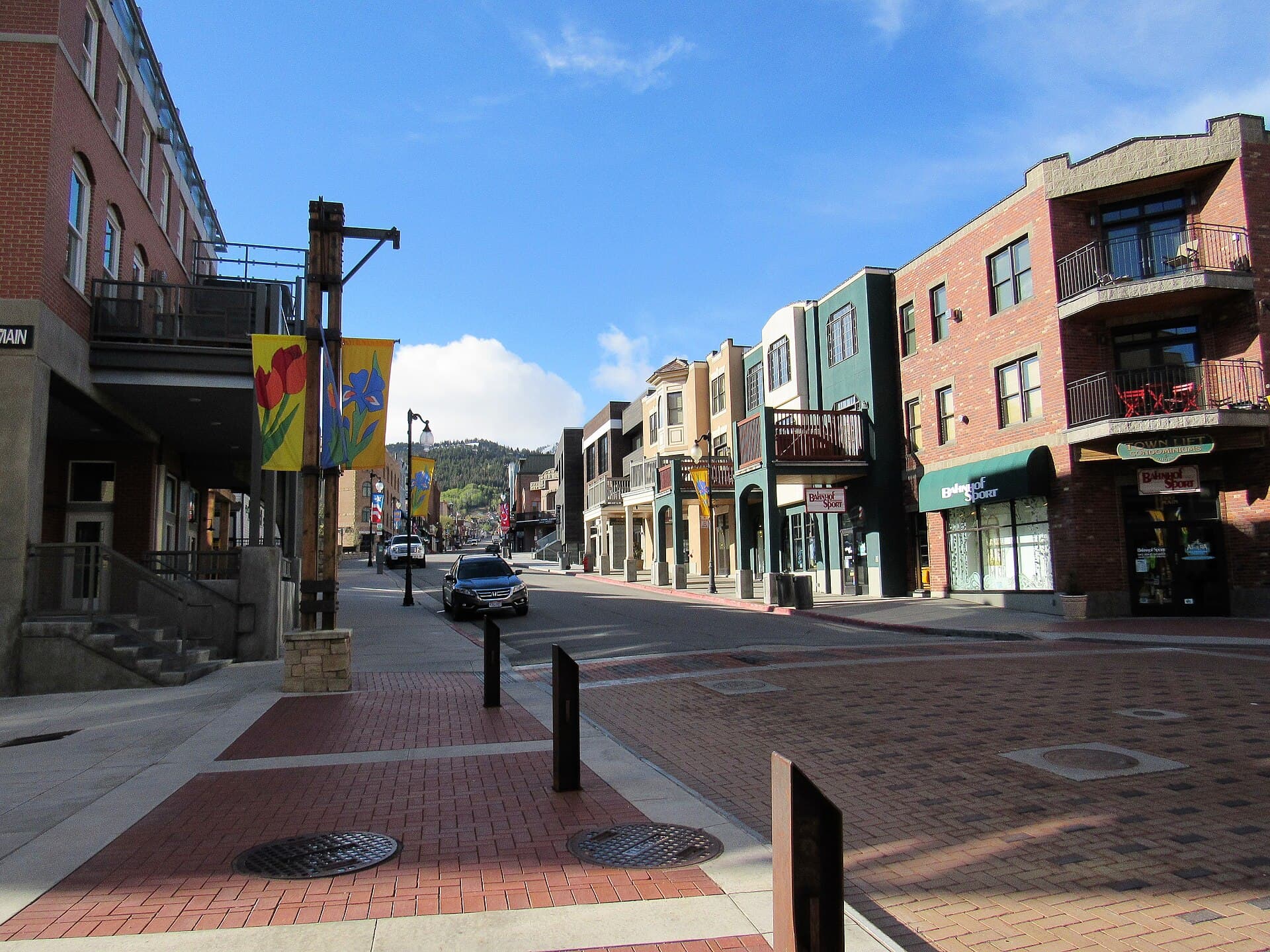 Main Street in Park City, Utah, in winter with festival banners
