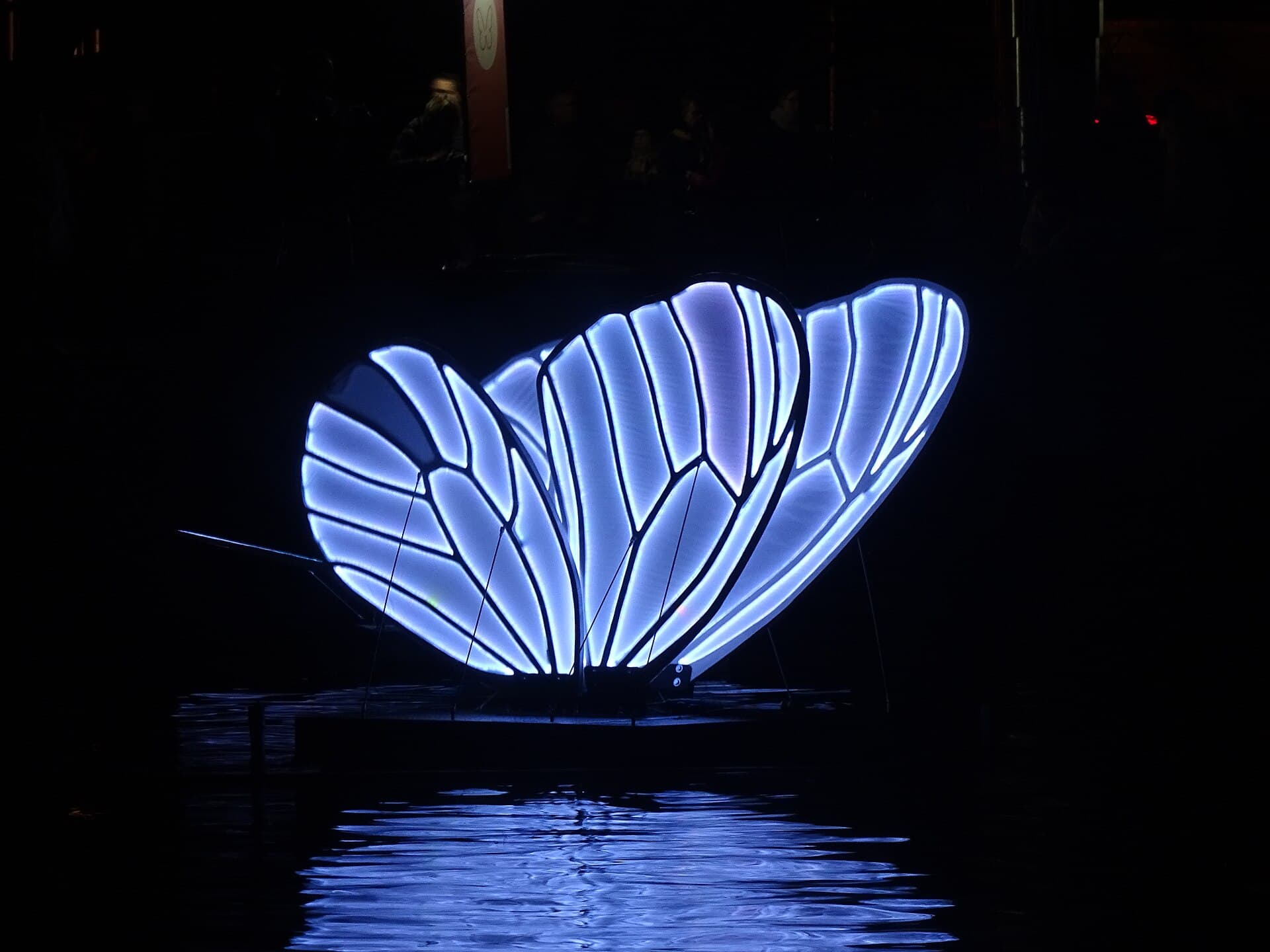 Crowd of visitors with phones raised on the Magere Brug at night, light installation visible on the Amstel