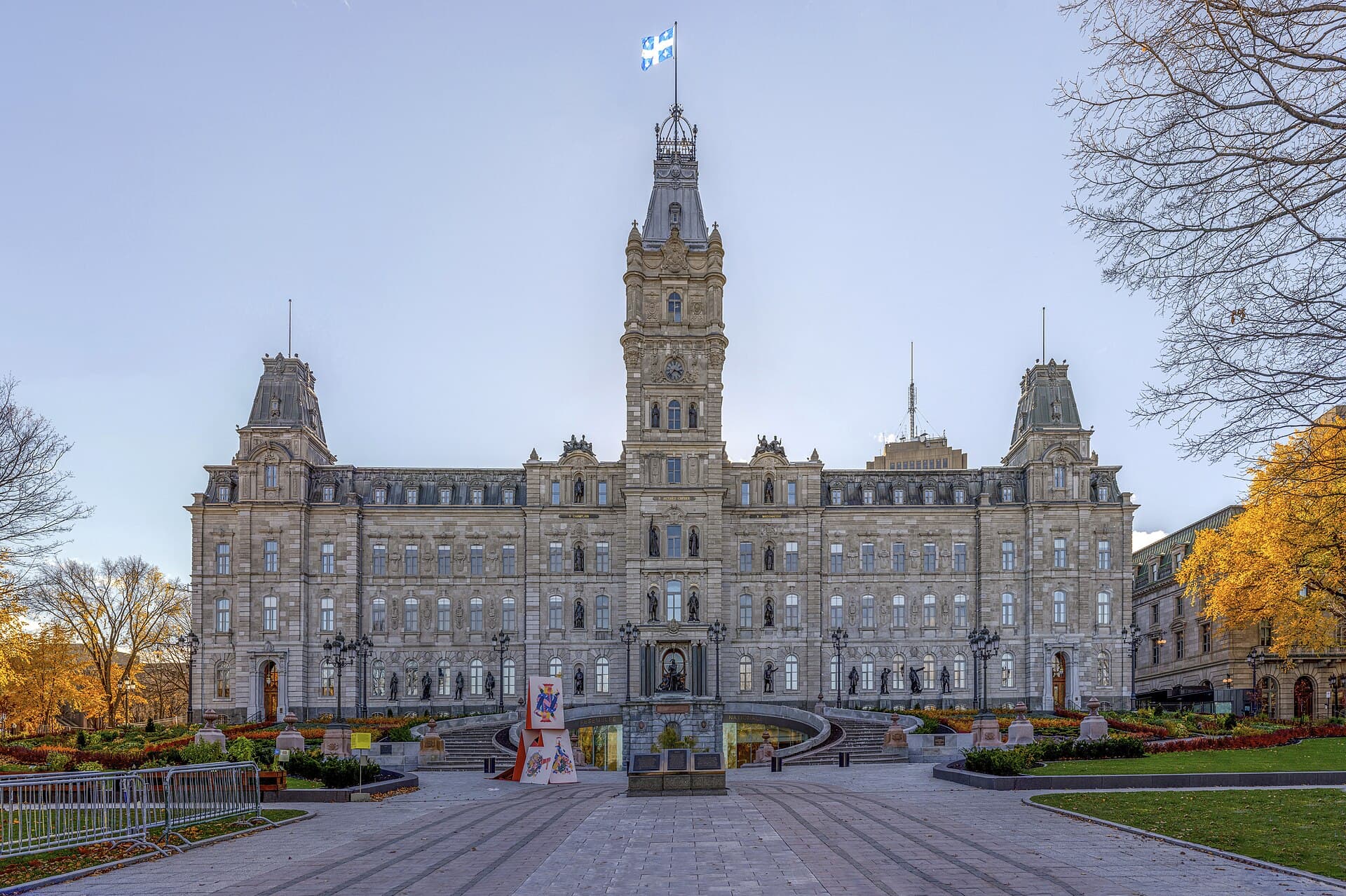 The Parliament Building and the snow-covered Place de l'Assemblée-Nationale in Quebec City in winter