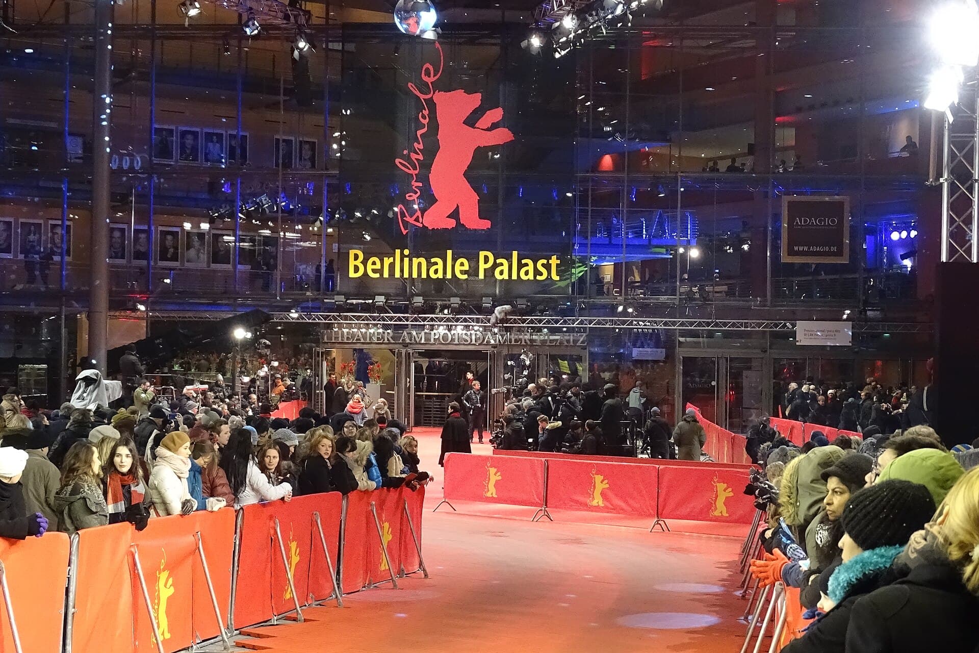 The Berlinale Palast entrance on Marlene-Dietrich-Platz at night with the red carpet laid out