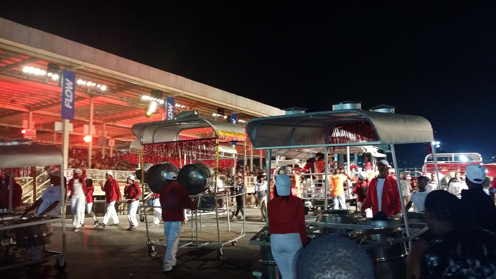 A steelband playing at the Panorama finals at Queen's Park Savannah at night