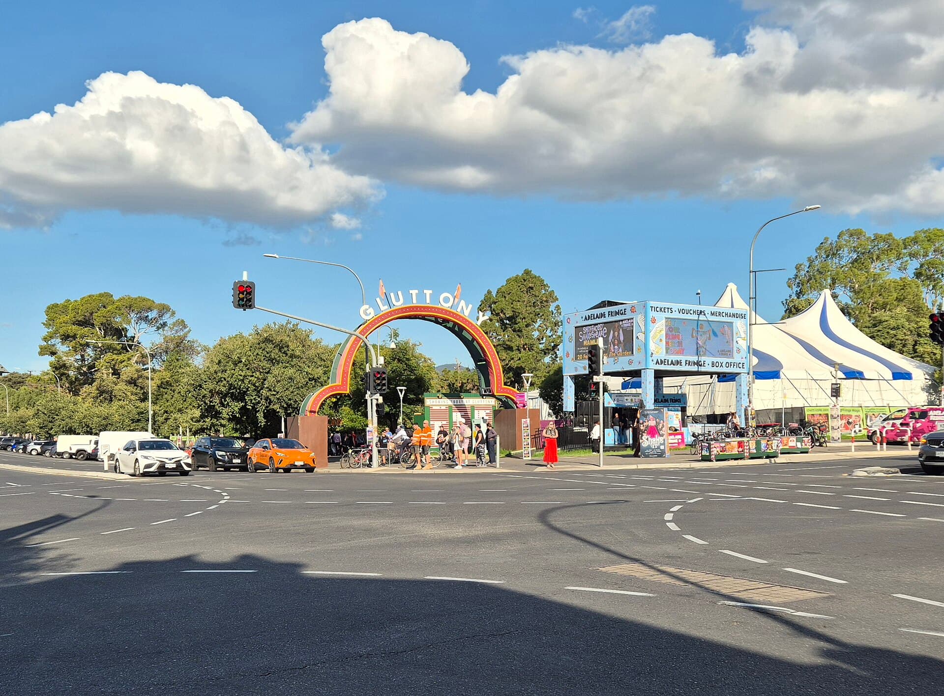 Crowds at the entrance to the Garden of Unearthly Delights on East Terrace at night