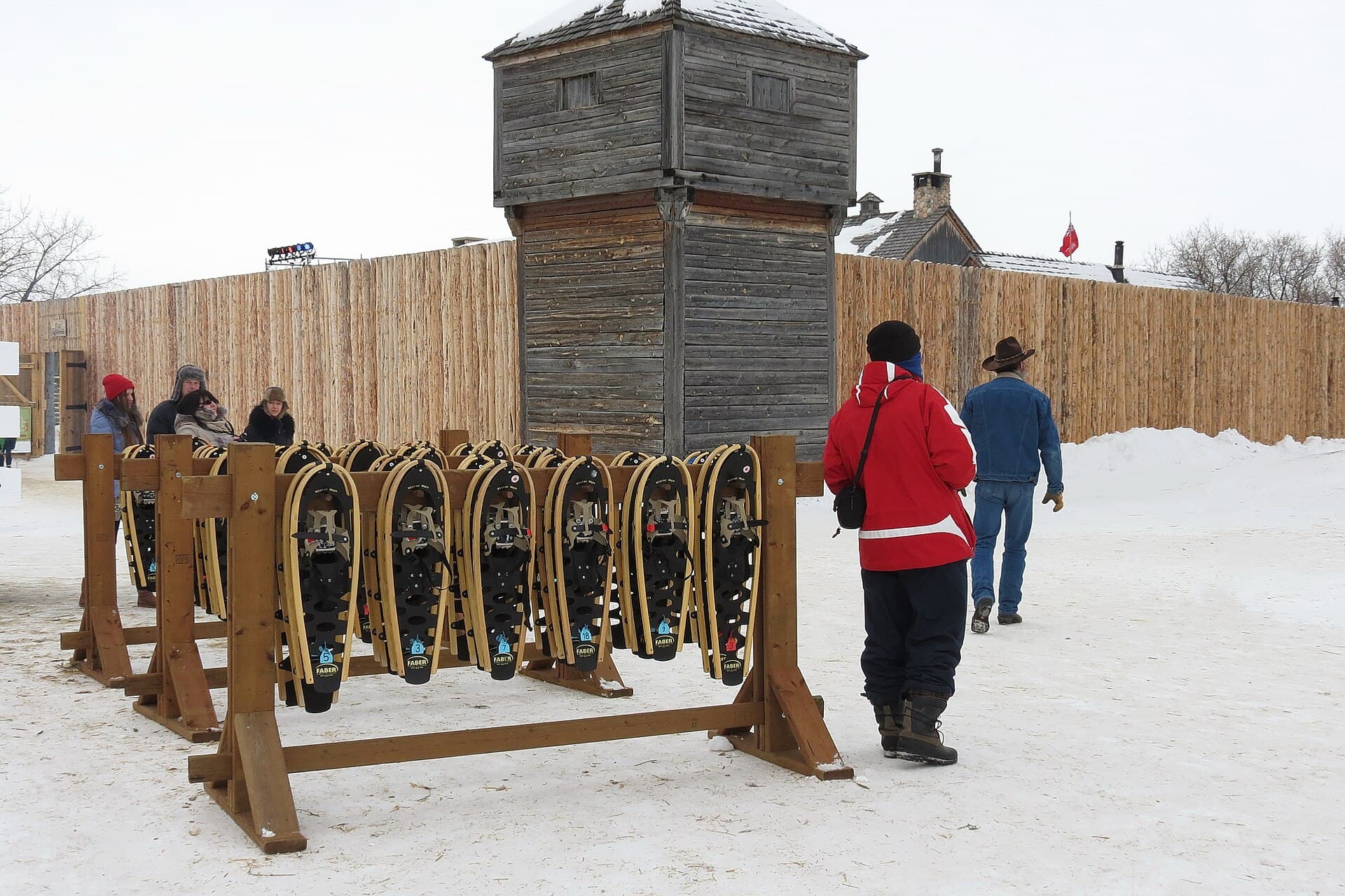 Fort Gibraltar in Whittier Park, Saint Boniface, Winnipeg, with its log palisade and towers under snow