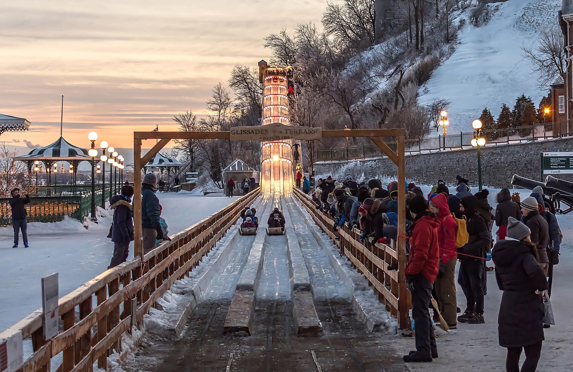 The toboggan run on Dufferin Terrace beside Fairmont Le Château Frontenac in winter