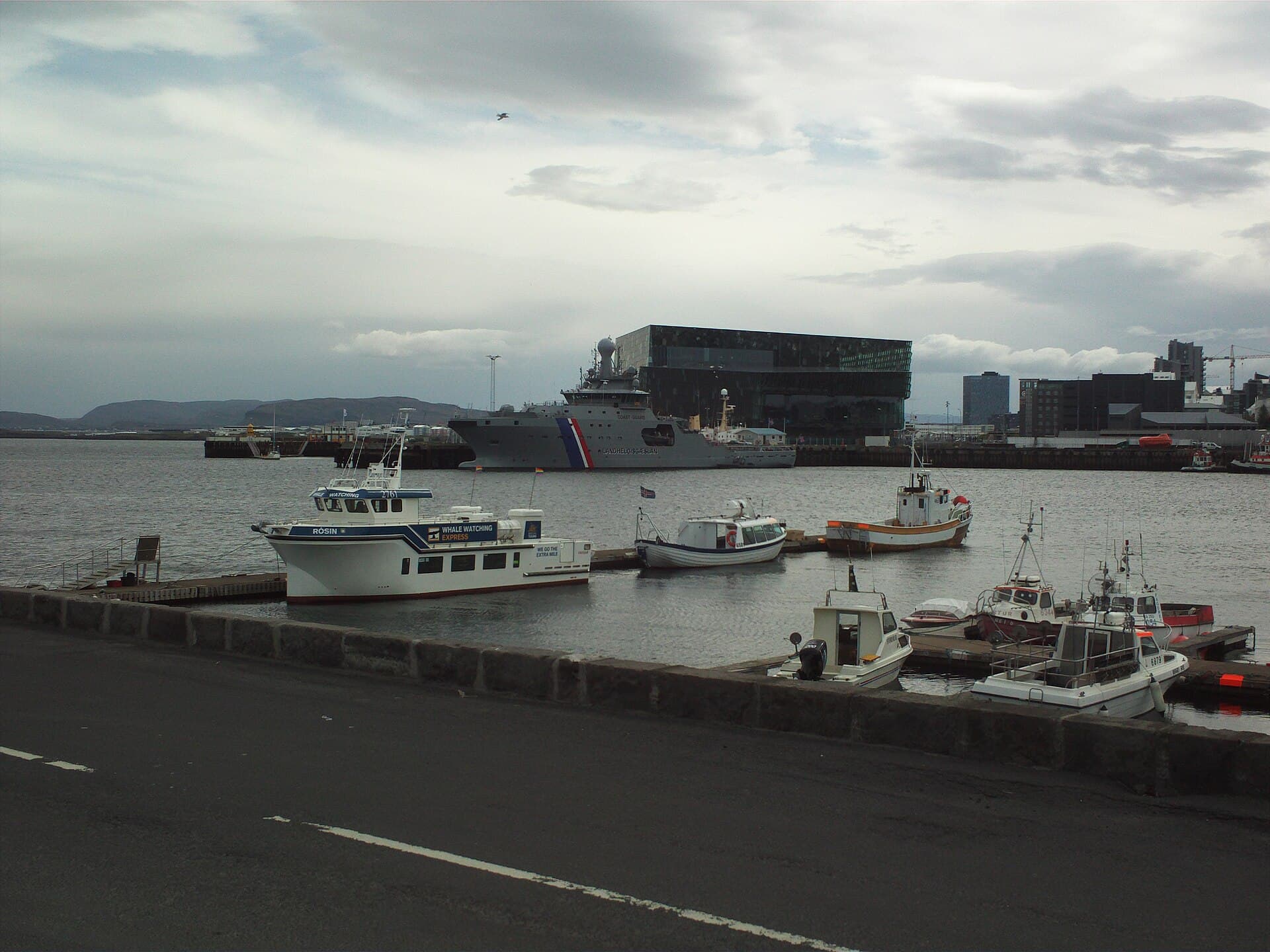 Harpa concert hall and the Reykjavik harbour with Mount Esja behind