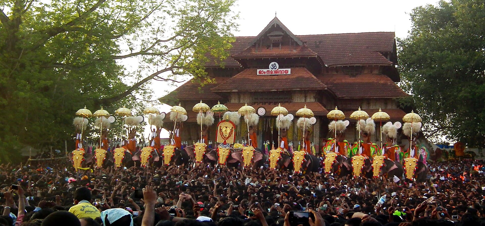 Aerial view of Vadakkunnathan Temple and the green Thekkinkadu Maidanam packed with crowds on Pooram day