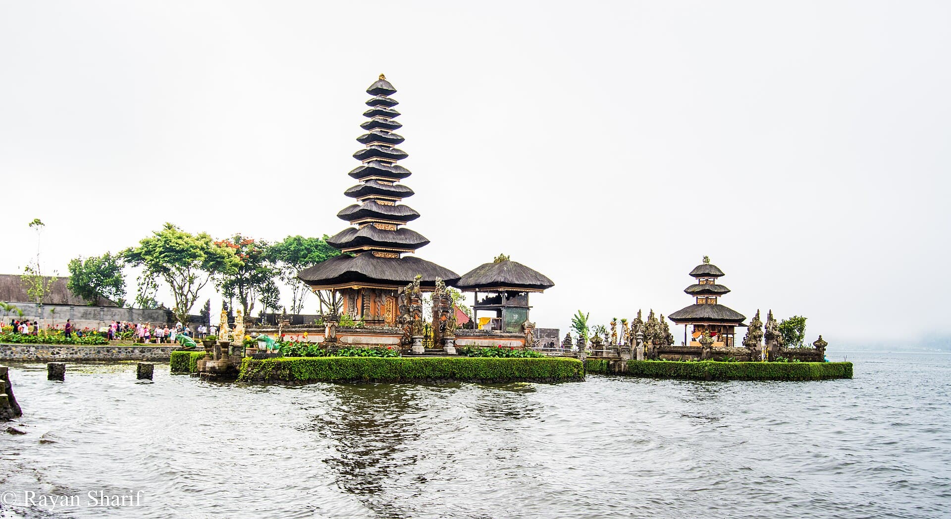 Pura Ulun Danu Beratan on Lake Beratan, Bedugul, under cloudy skies