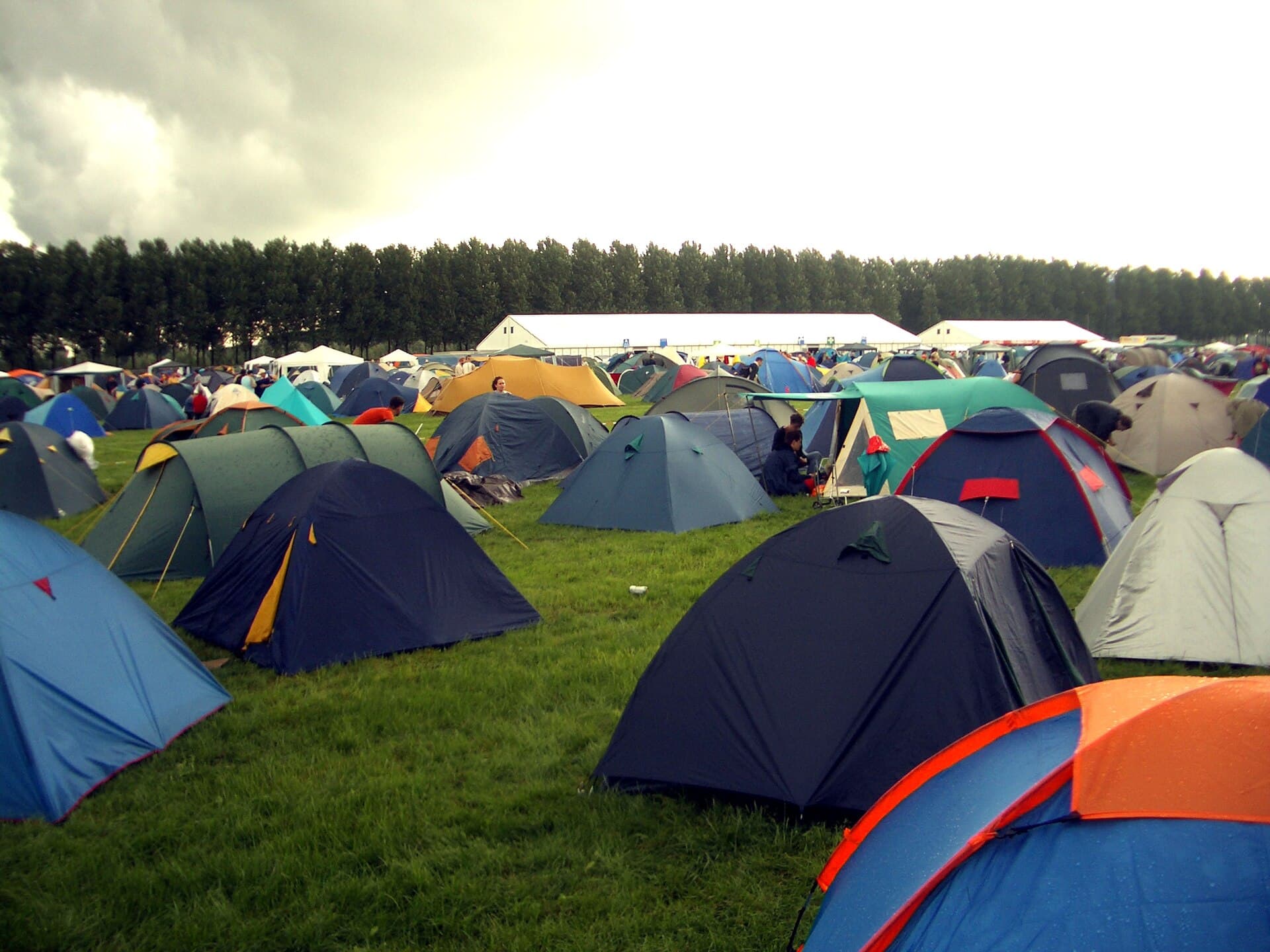 Tents on a festival campsite in the Netherlands at dawn