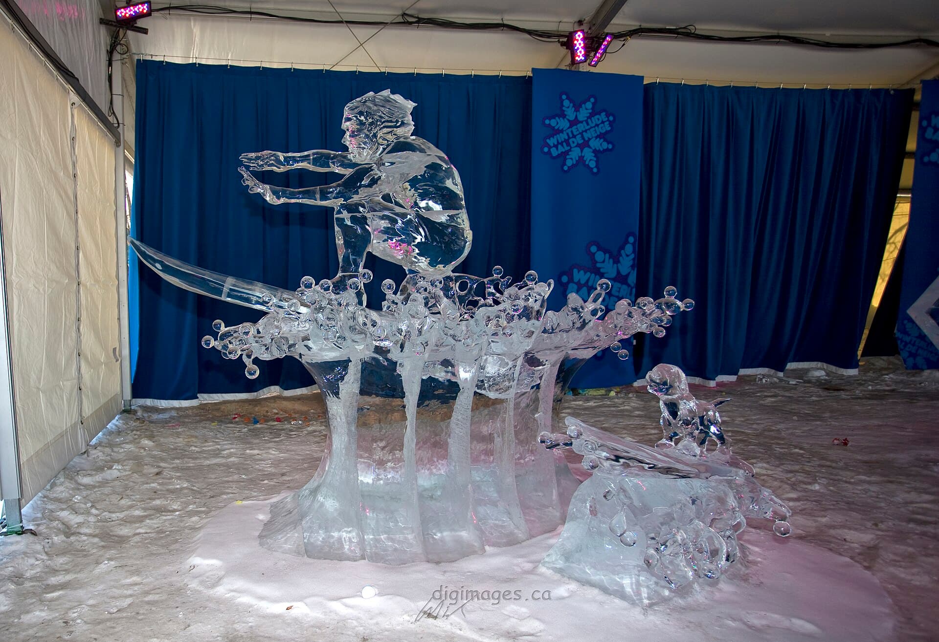 Ice sculptures in Confederation Park, Ottawa, lit after dark during Winterlude
