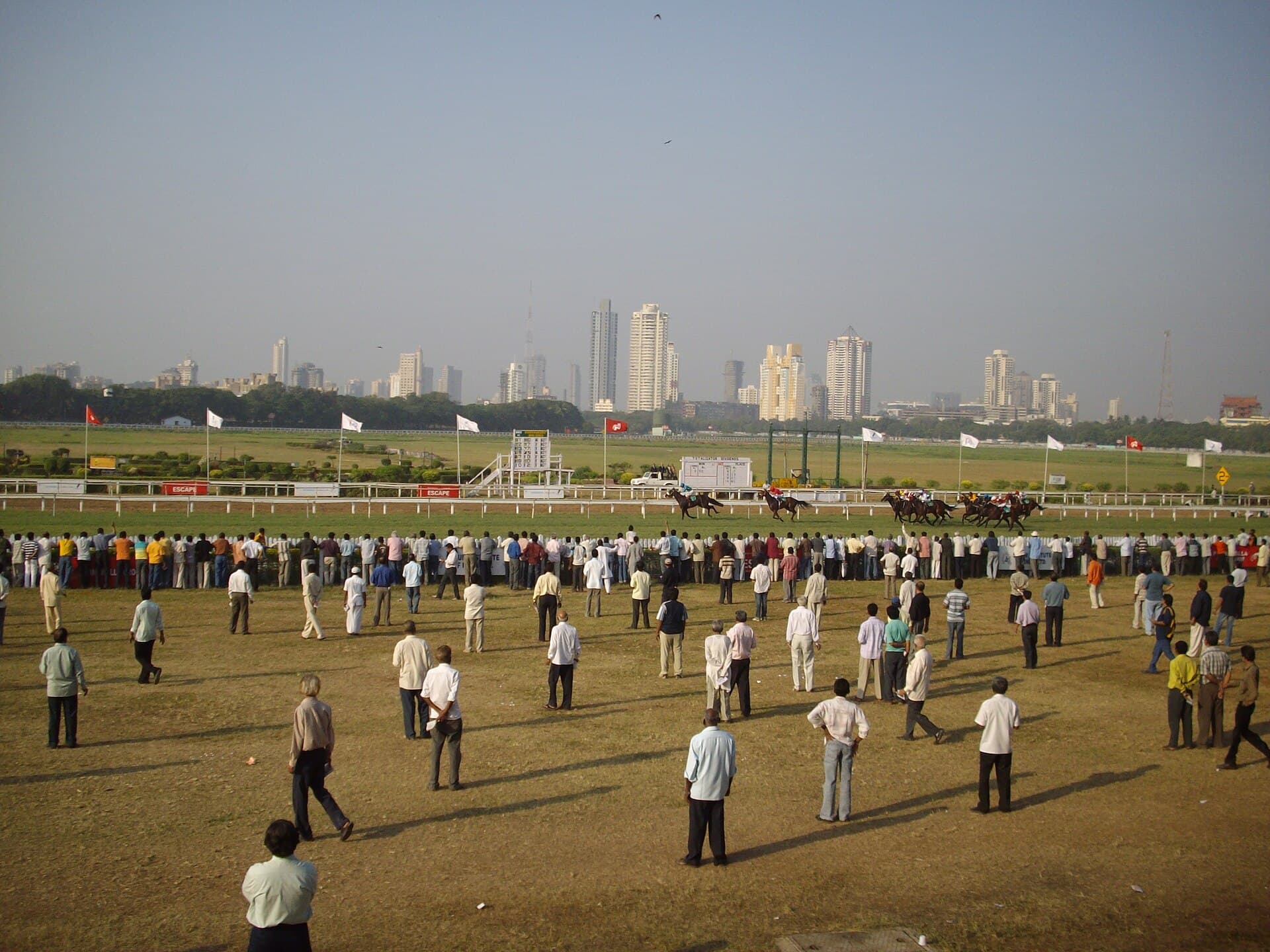 The heritage grandstand of Mahalaxmi Racecourse seen across the track, Mumbai