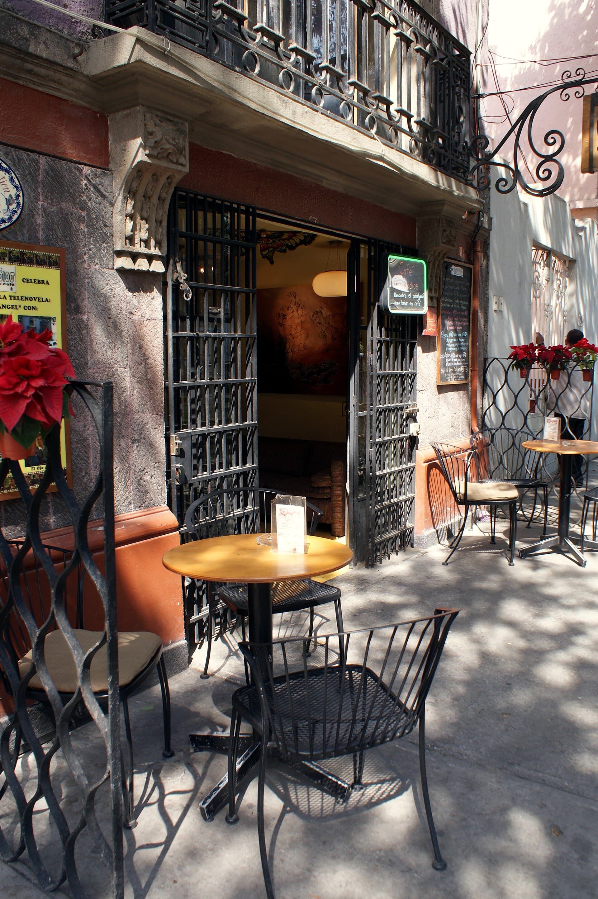 Street view of the Colonia Roma neighbourhood in Mexico City with tree-lined avenues and cafés at dusk