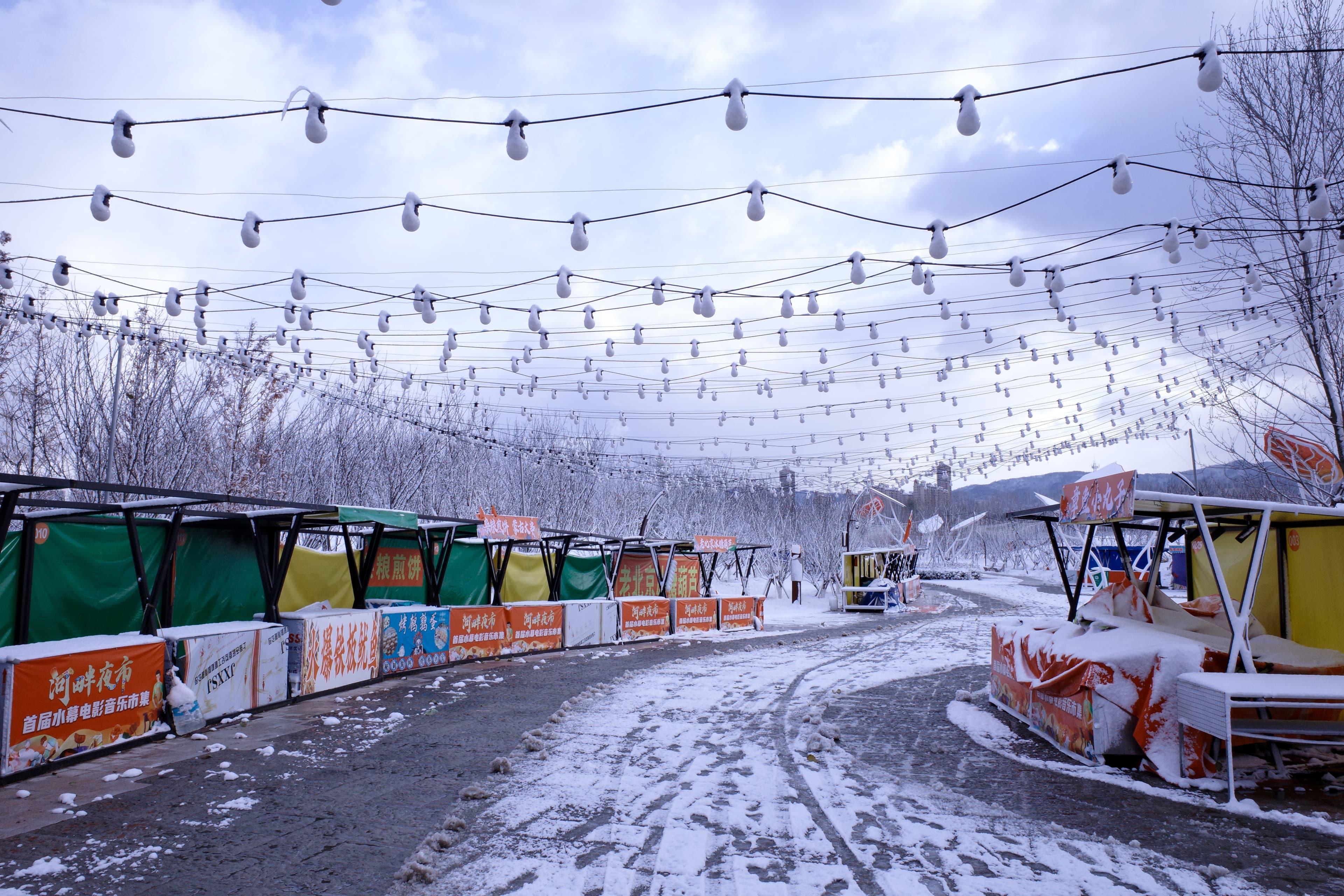 A street vendor's cart on Central Street in Harbin stacked with frozen candied hawthorn skewers (tanghulu) in the snow